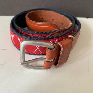J. CREW LEATHER AND CANVAS RED AND WHITE SPORTS BELT SIZE 30